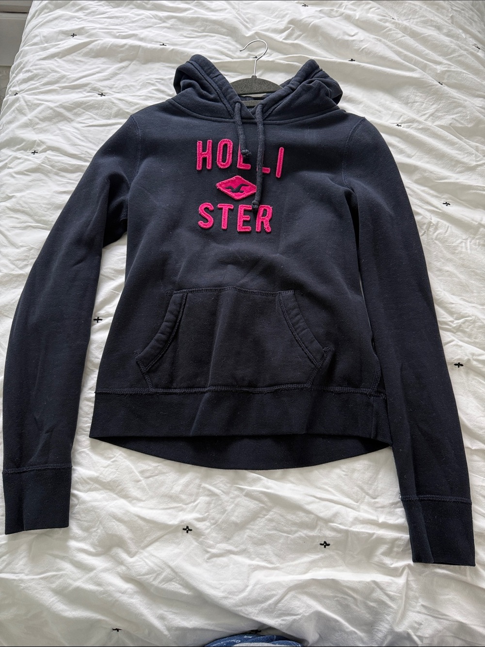 Hollister Navy Pullover Hoodie with Pink Lettering